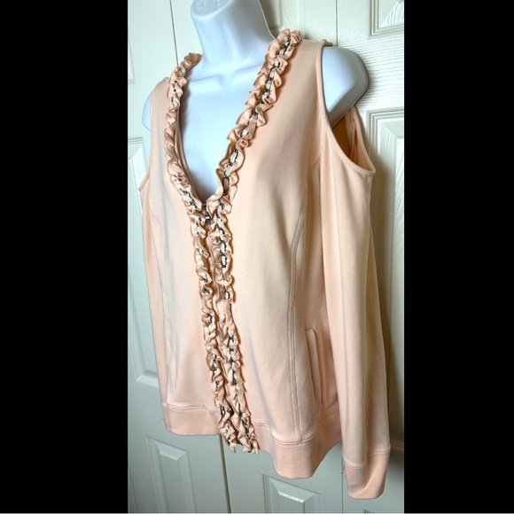 BOSTON PROPER Cold Shoulder Sweatshirt Cardigan Jacket Blouse Pink Chain Ruffle - Picture 3 of 12